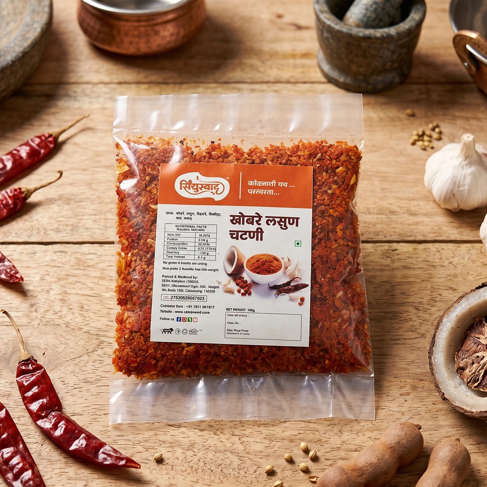 Front view of authentic dry Khobare Lasun Chutney in a premium zip-lock pouch by Sindhuswad.