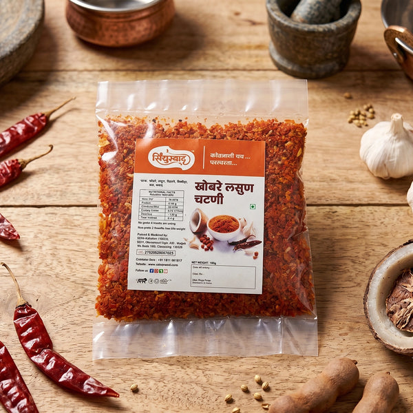 Front view of authentic dry Khobare Lasun Chutney in a premium zip-lock pouch by Sindhuswad.
