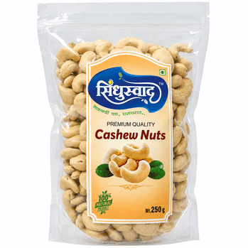 A 250g clear plastic bag of Sindhurkand Premium Quality Cashew Nuts, showing the light tan nuts inside with a prominent yellow and blue label.
