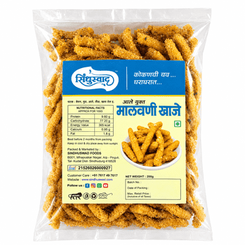 A 200g clear plastic bag of Singhwani Foods Malpuni Chaije (fried snack sticks) with a blue and yellow label, shown against a plain white background.