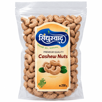 A 250g clear plastic bag of Sidhu Yadav Premium Quality Cashew Nuts, showing the light brown nuts inside with a yellow and blue brand label.