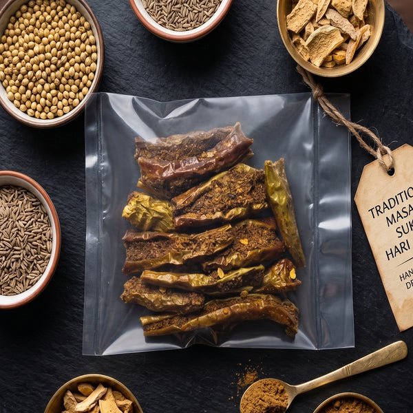 A clear plastic bag containing dried, sliced chili peppers or hot sauce pieces, arranged on a dark surface with bowls of spices and seeds around it. A paper tag reads 'Sindhuswad Foods'..