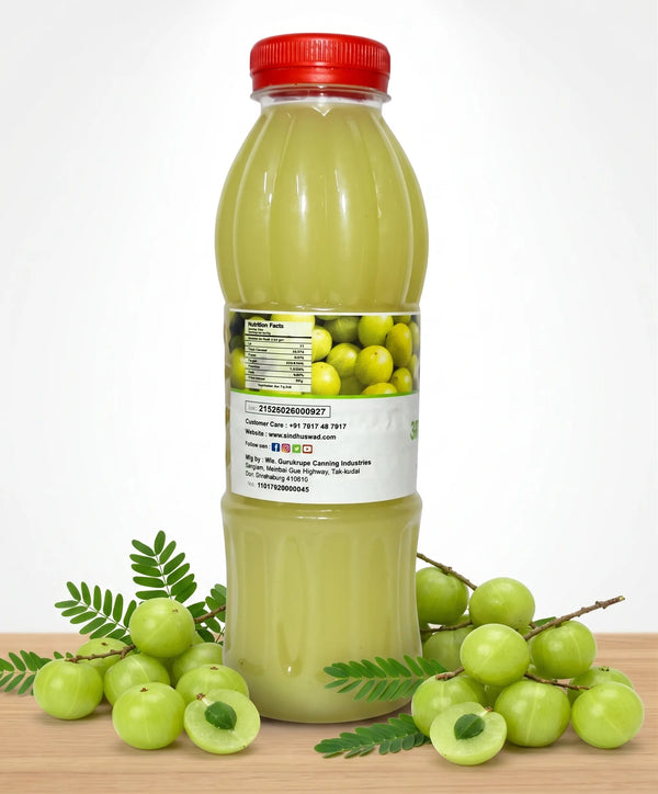 Back panel of Sindhuswad Aavala Sarbat bottle showing the nutrition facts table, ingredient list with natural gooseberry pulp, and FSSAI manufacturing details.