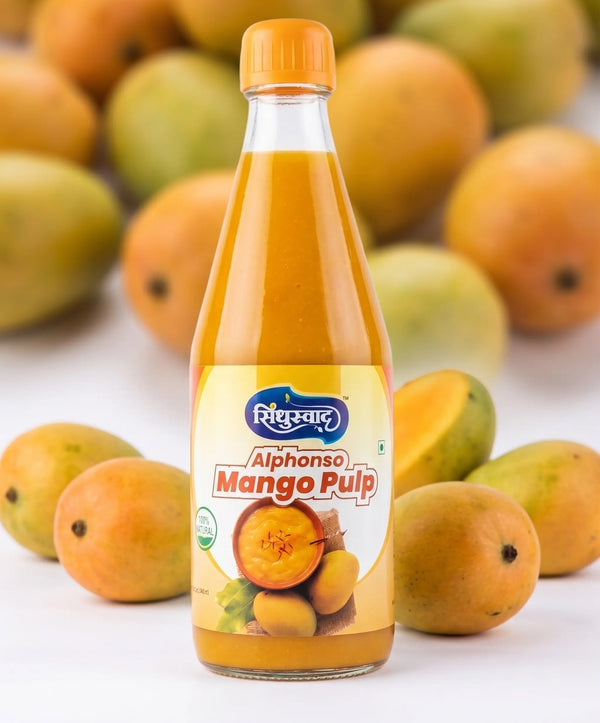 Sindhuswad authentic Alphonso mango pulp in a premium  glass bottle with official brand labeling, showing a rich golden yellow fruit concentrate base