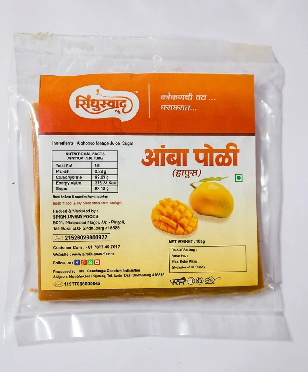 Front packaging view of Sindhuswad Premium Hapus Amba Poli packet showing the Alphonso mango graphics, official brand logo, and clear nutritional facts grid.
