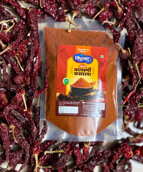 Front view of Sindhuswad authentic Malvani Masala powder premium packaging pouch.