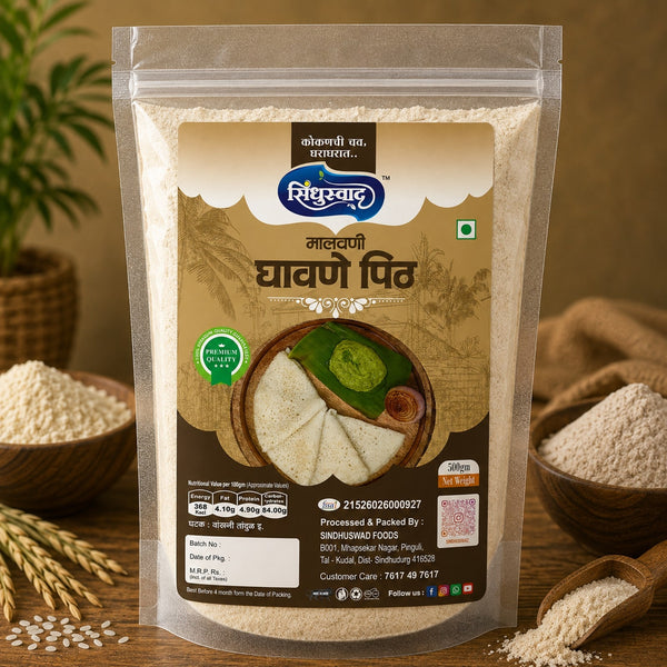 A stand-up pouch of fly-processed flour (Gayan Pat) from the brand Shree Vaidya's, displayed on a rustic wooden table surrounded by bowls of flatbread, green chutney, and wheat stalks.