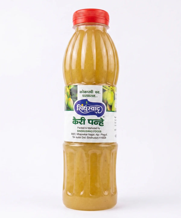 Sindhuswad authentic Kairi Panhe raw mango Aam Panna concentrate bottle with official brand label, showing a rich light golden green traditional summer syrup.