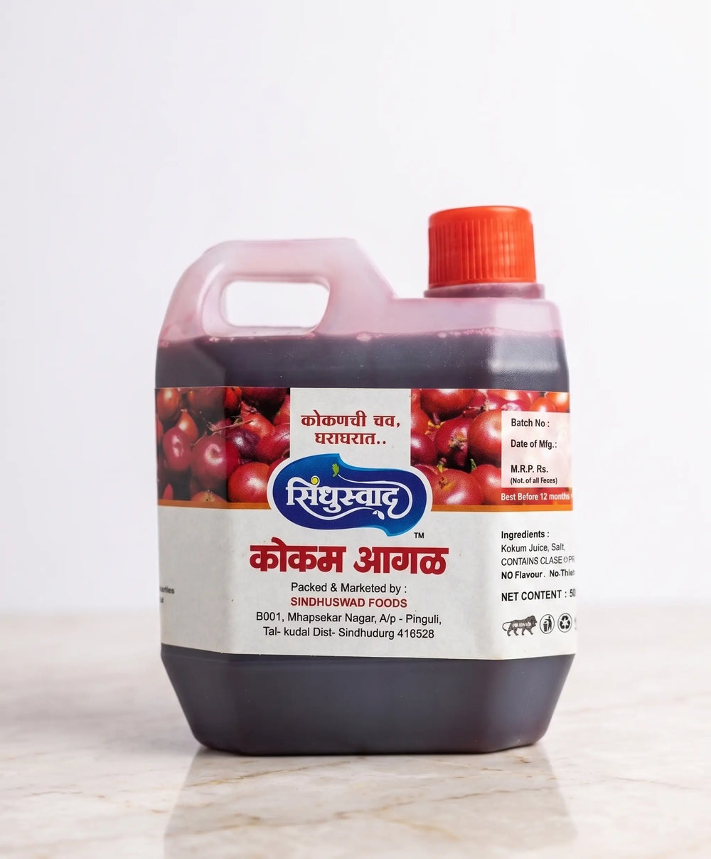Front view of Sindhuswad Premium Kokam Aagal bottle container showing the red screw cap, official label with fresh kokum graphics, nutrition details, and FSSAI processing codes.