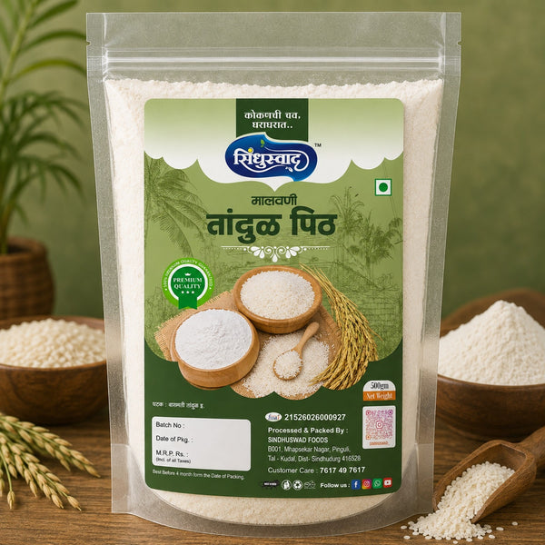 A stand-up pouch of Indian rice flour (Tandul Phalata) on a wooden table with bowls of loose rice flour and grains in the background. The brand 'Safed Krubhal' is visible on the green label.