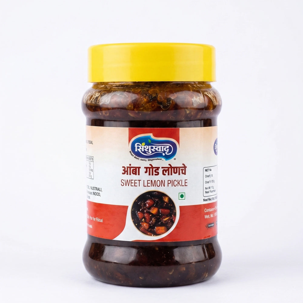 A jar of Sindhuswad Foods Sweet Lemon Pickle with a bright yellow lid and a white and red label, set against a plain white background.