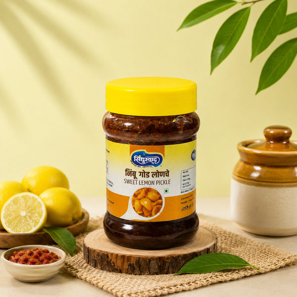 A jar of Sindhuswad Foods Sweet Lemon Pickle centered on a wooden slice, with lemons, a small bowl of pickle, and a ceramic pot arranged around it on a woven mat against a soft yellow background.